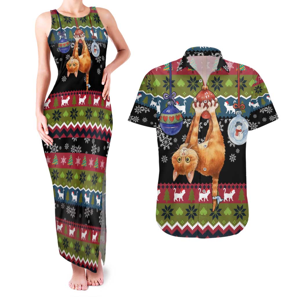 Cat Hanging on Xmas Tree Christmas Couples Matching Tank Maxi Dress and Hawaiian Shirt Xmas Holiday Patterns - Wonder Print Shop