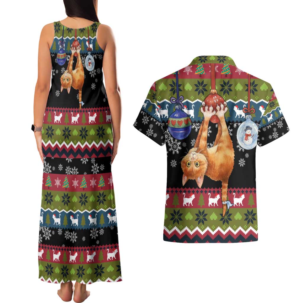 Cat Hanging on Xmas Tree Christmas Couples Matching Tank Maxi Dress and Hawaiian Shirt Xmas Holiday Patterns - Wonder Print Shop
