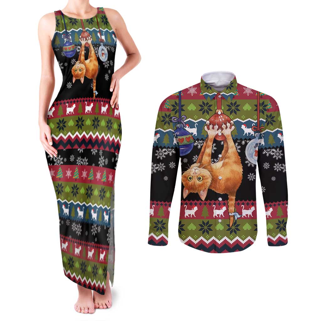 Cat Hanging on Xmas Tree Christmas Couples Matching Tank Maxi Dress and Long Sleeve Button Shirt Xmas Holiday Patterns - Wonder Print Shop