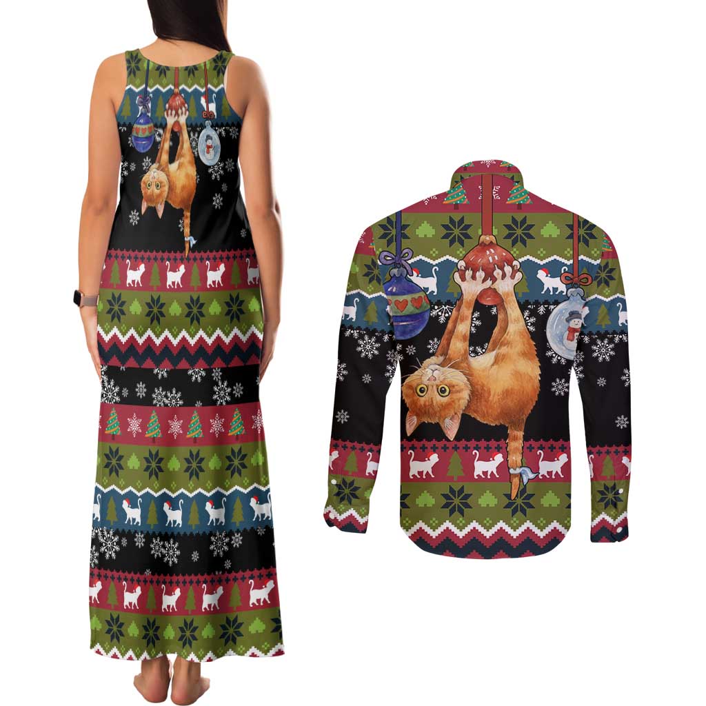 Cat Hanging on Xmas Tree Christmas Couples Matching Tank Maxi Dress and Long Sleeve Button Shirt Xmas Holiday Patterns - Wonder Print Shop