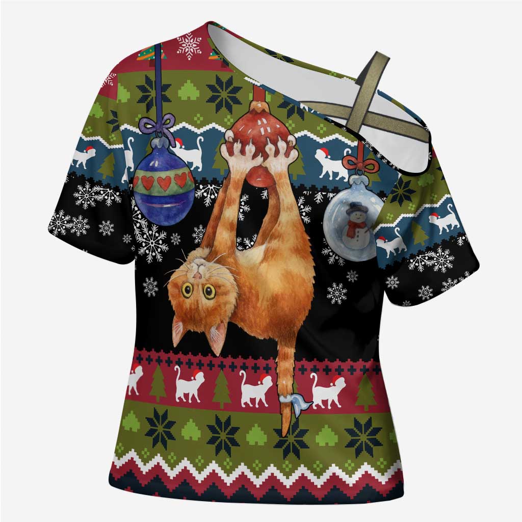 Cat Hanging on Xmas Tree Christmas Cross Shoulder Shirt Xmas Holiday Patterns - Wonder Print Shop