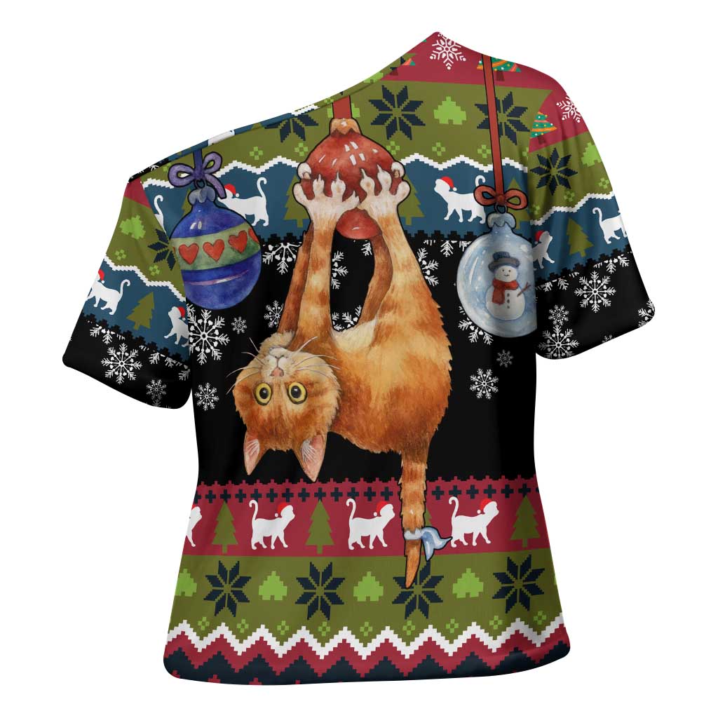 Cat Hanging on Xmas Tree Christmas Cross Shoulder Shirt Xmas Holiday Patterns - Wonder Print Shop