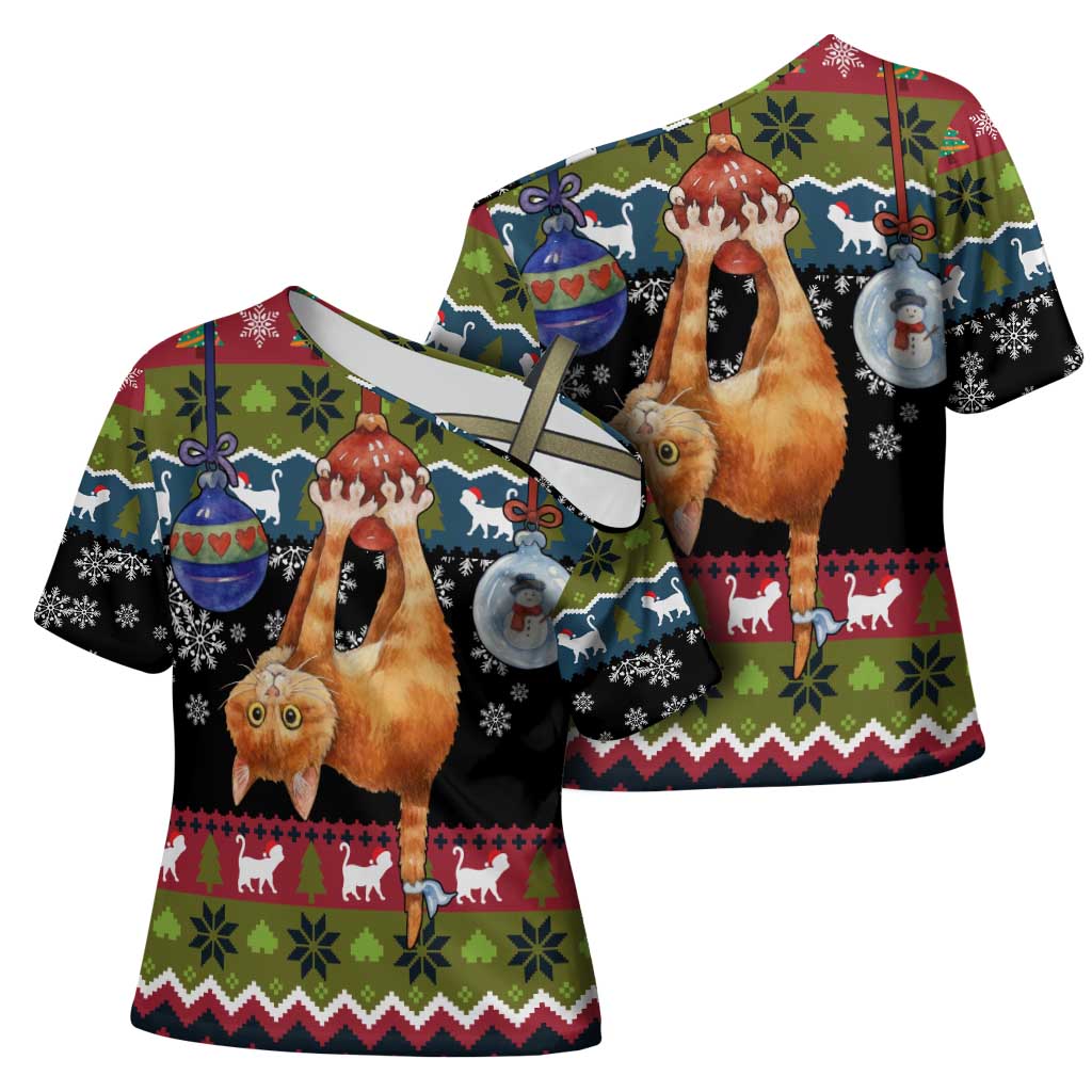 Cat Hanging on Xmas Tree Christmas Cross Shoulder Shirt Xmas Holiday Patterns - Wonder Print Shop