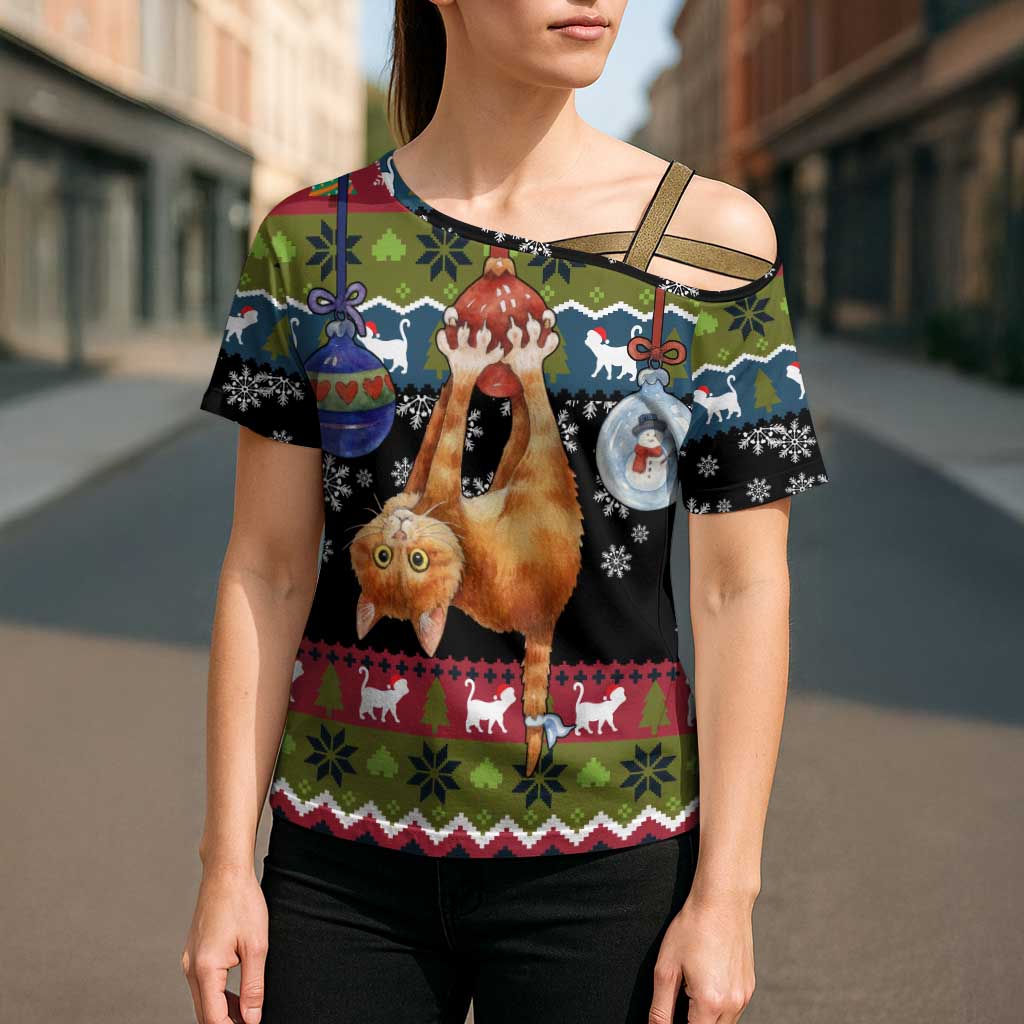 Cat Hanging on Xmas Tree Christmas Cross Shoulder Shirt Xmas Holiday Patterns - Wonder Print Shop