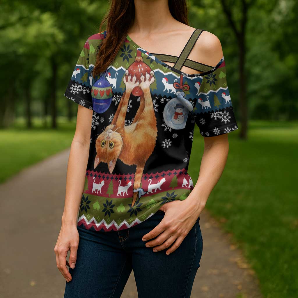 Cat Hanging on Xmas Tree Christmas Cross Shoulder Shirt Xmas Holiday Patterns - Wonder Print Shop