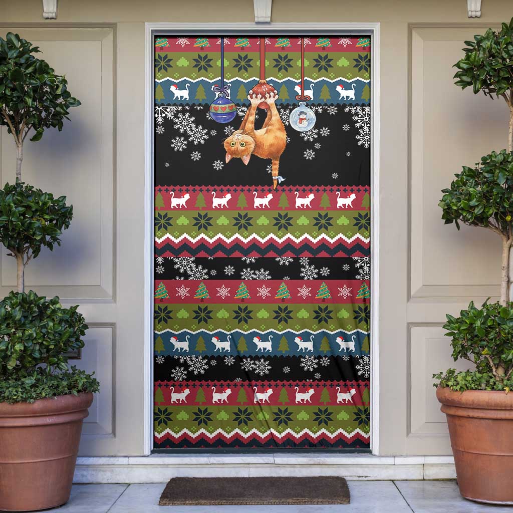 Cat Hanging on Xmas Tree Christmas Door Cover Xmas Holiday Patterns - Wonder Print Shop