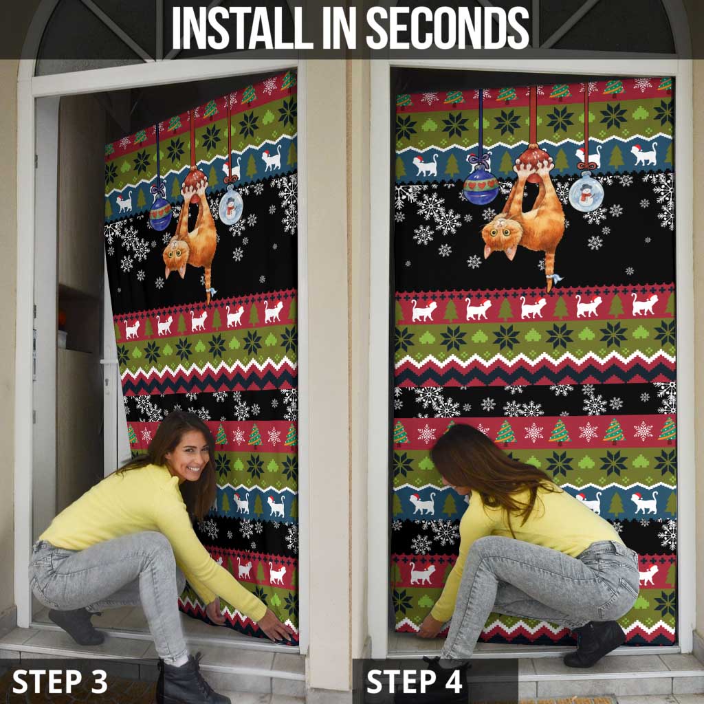 Cat Hanging on Xmas Tree Christmas Door Cover Xmas Holiday Patterns - Wonder Print Shop