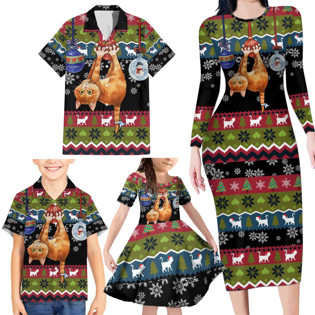 Cat Hanging on Xmas Tree Christmas Family Matching Long Sleeve Bodycon Dress and Hawaiian Shirt Xmas Holiday Patterns - Wonder Print Shop