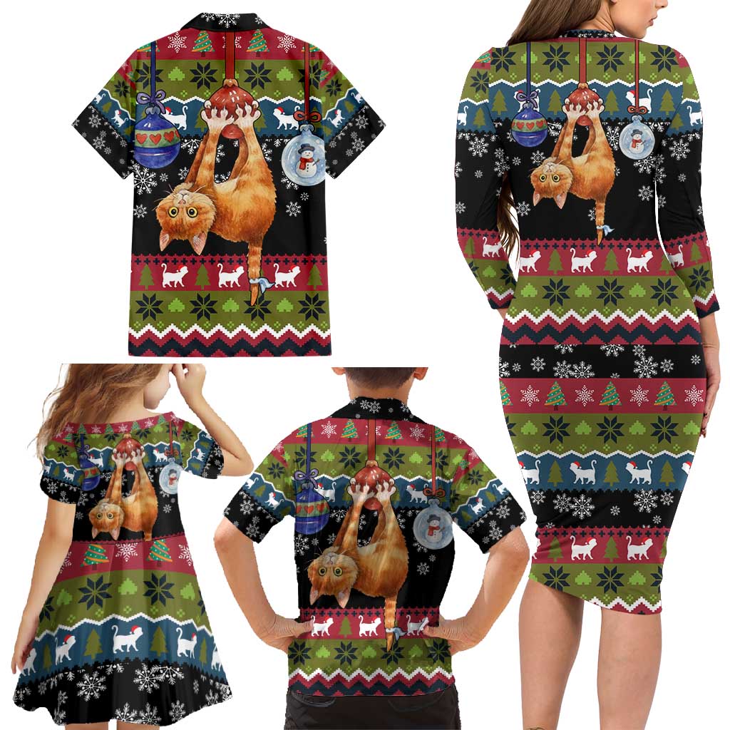 Cat Hanging on Xmas Tree Christmas Family Matching Long Sleeve Bodycon Dress and Hawaiian Shirt Xmas Holiday Patterns - Wonder Print Shop