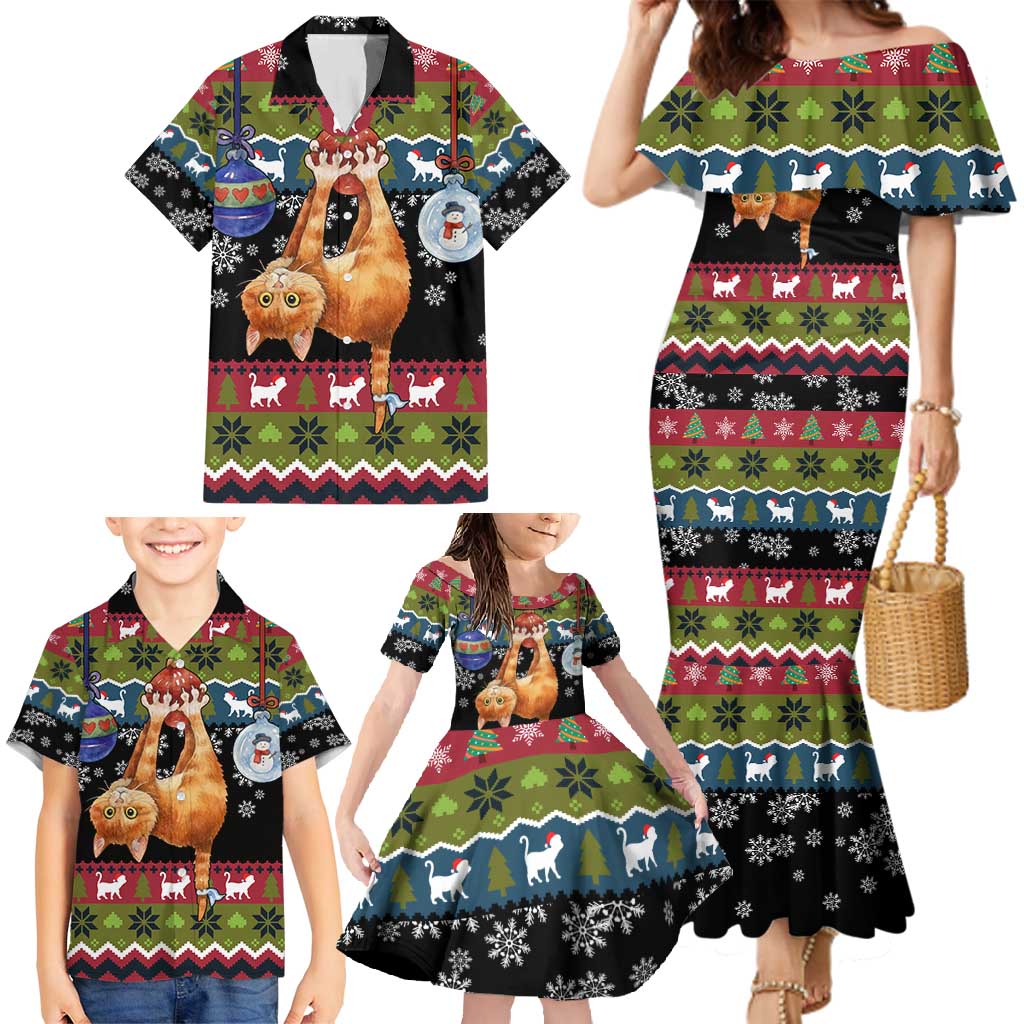 Cat Hanging on Xmas Tree Christmas Family Matching Mermaid Dress and Hawaiian Shirt Xmas Holiday Patterns - Wonder Print Shop