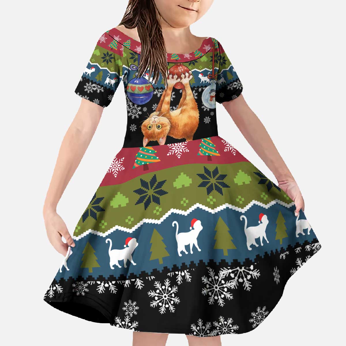 Cat Hanging on Xmas Tree Christmas Family Matching Off The Shoulder Long Sleeve Dress and Hawaiian Shirt Xmas Holiday Patterns - Wonder Print Shop