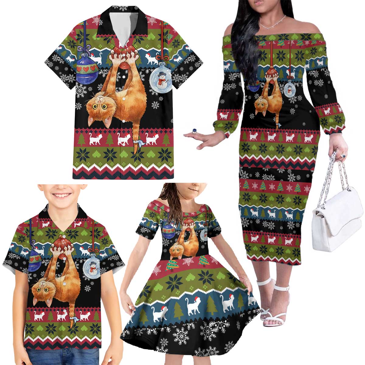 Cat Hanging on Xmas Tree Christmas Family Matching Off The Shoulder Long Sleeve Dress and Hawaiian Shirt Xmas Holiday Patterns - Wonder Print Shop