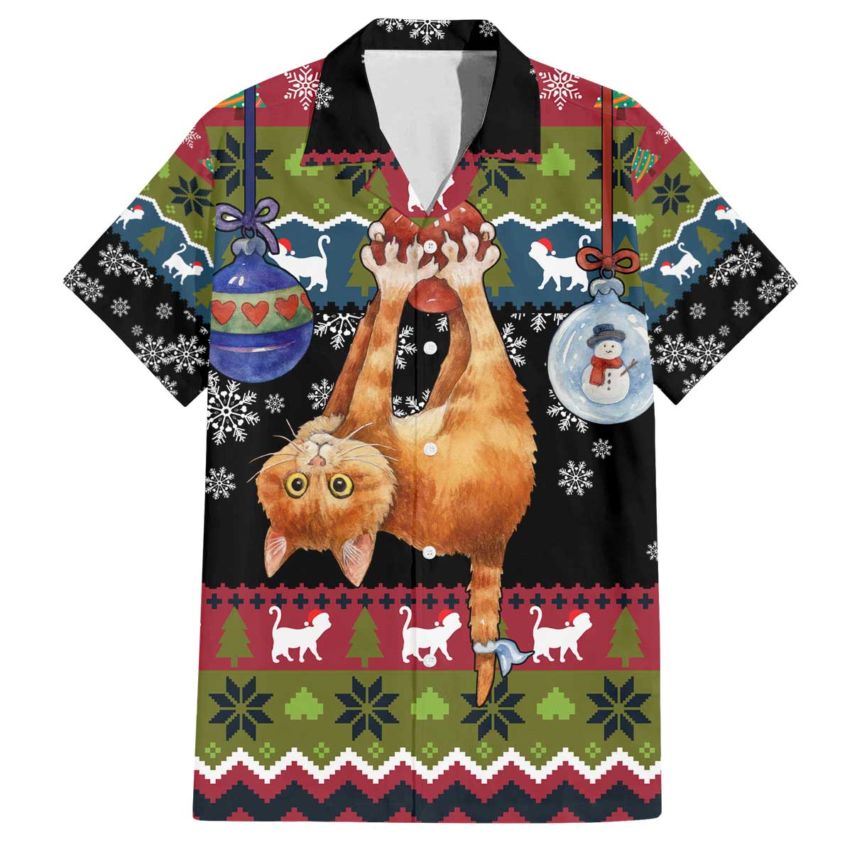 Cat Hanging on Xmas Tree Christmas Family Matching Off The Shoulder Long Sleeve Dress and Hawaiian Shirt Xmas Holiday Patterns - Wonder Print Shop