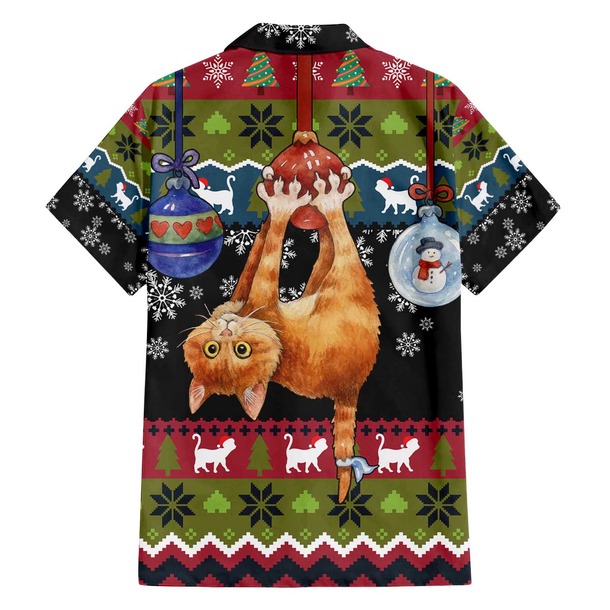 Cat Hanging on Xmas Tree Christmas Family Matching Off The Shoulder Long Sleeve Dress and Hawaiian Shirt Xmas Holiday Patterns - Wonder Print Shop