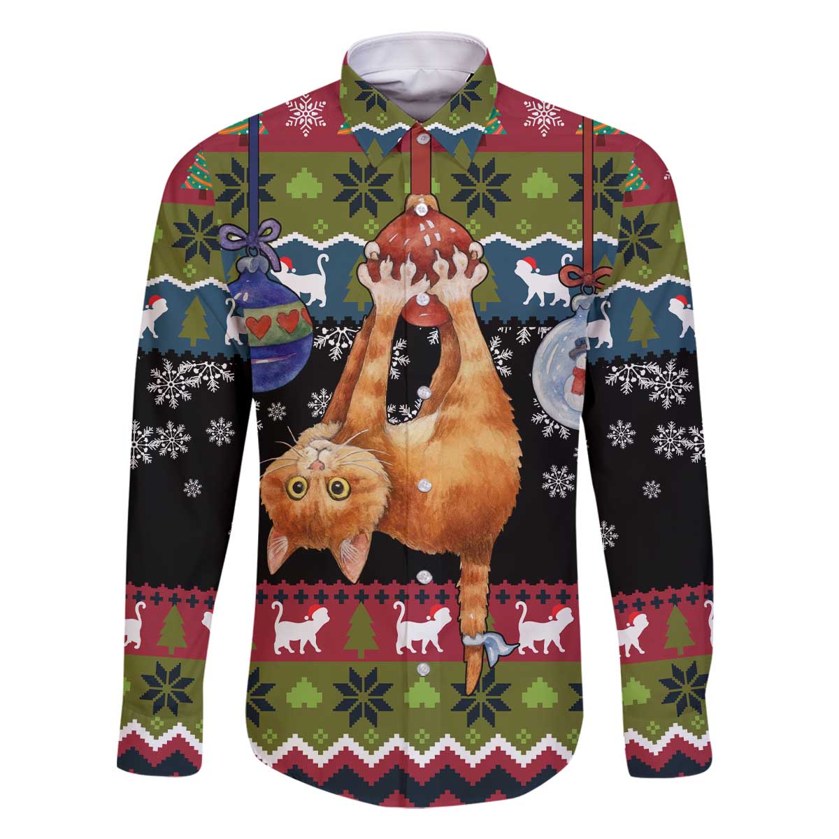 Cat Hanging on Xmas Tree Christmas Family Matching Off The Shoulder Long Sleeve Dress and Hawaiian Shirt Xmas Holiday Patterns - Wonder Print Shop