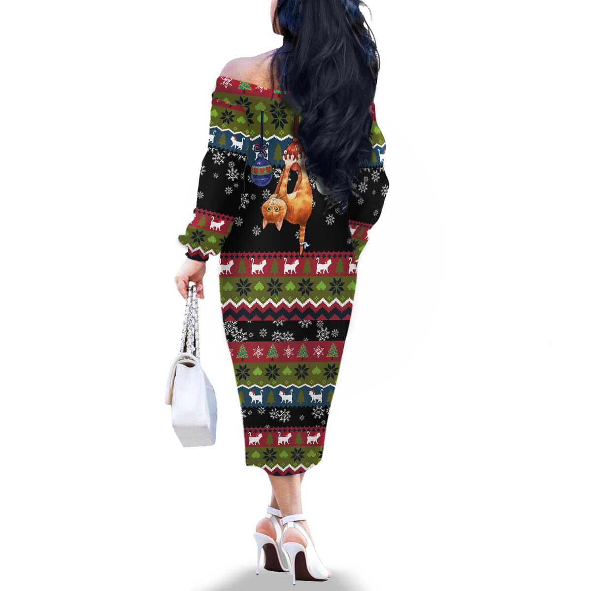Cat Hanging on Xmas Tree Christmas Family Matching Off The Shoulder Long Sleeve Dress and Hawaiian Shirt Xmas Holiday Patterns - Wonder Print Shop