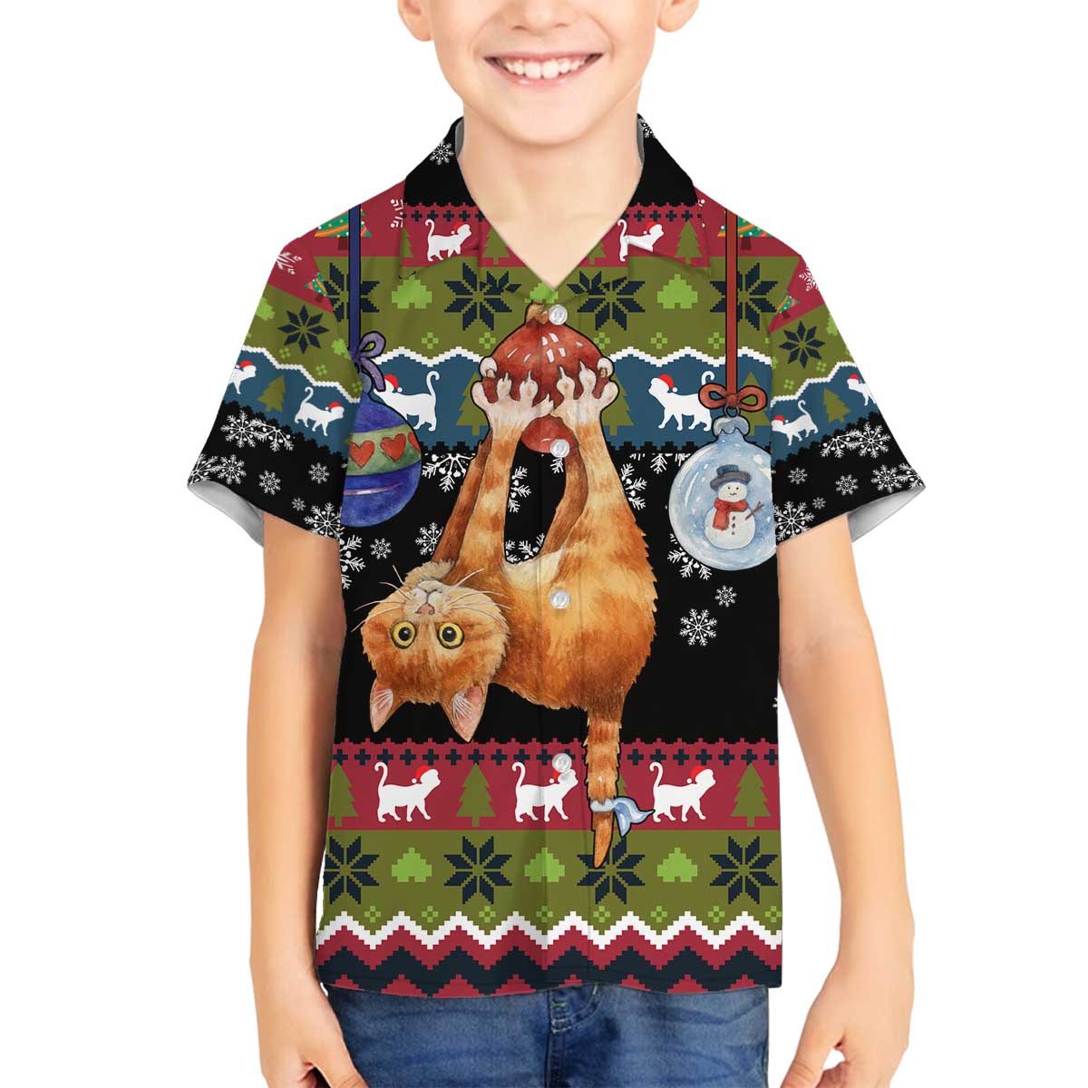 Cat Hanging on Xmas Tree Christmas Family Matching Off The Shoulder Long Sleeve Dress and Hawaiian Shirt Xmas Holiday Patterns - Wonder Print Shop