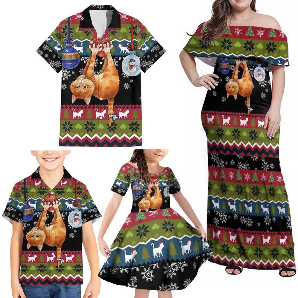 Cat Hanging on Xmas Tree Christmas Family Matching Off Shoulder Maxi Dress and Hawaiian Shirt Xmas Holiday Patterns - Wonder Print Shop