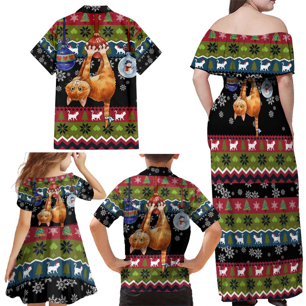 Cat Hanging on Xmas Tree Christmas Family Matching Off Shoulder Maxi Dress and Hawaiian Shirt Xmas Holiday Patterns - Wonder Print Shop
