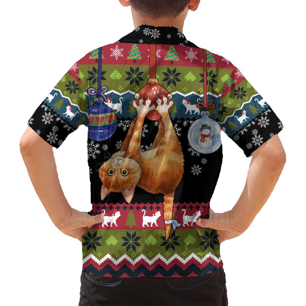 Cat Hanging on Xmas Tree Christmas Family Matching Off Shoulder Short Dress and Hawaiian Shirt Xmas Holiday Patterns - Wonder Print Shop