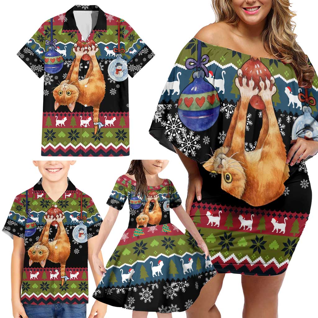 Cat Hanging on Xmas Tree Christmas Family Matching Off Shoulder Short Dress and Hawaiian Shirt Xmas Holiday Patterns - Wonder Print Shop