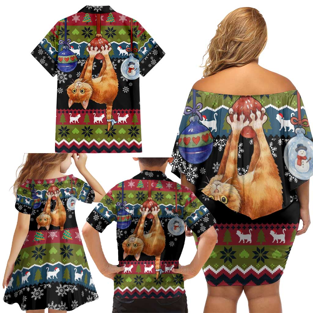 Cat Hanging on Xmas Tree Christmas Family Matching Off Shoulder Short Dress and Hawaiian Shirt Xmas Holiday Patterns - Wonder Print Shop