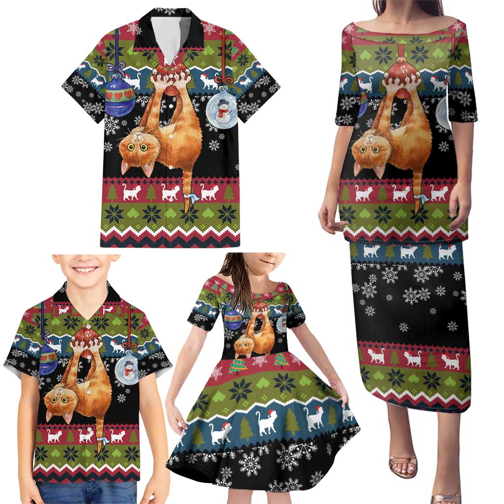 Cat Hanging on Xmas Tree Christmas Family Matching Puletasi and Hawaiian Shirt Xmas Holiday Patterns - Wonder Print Shop