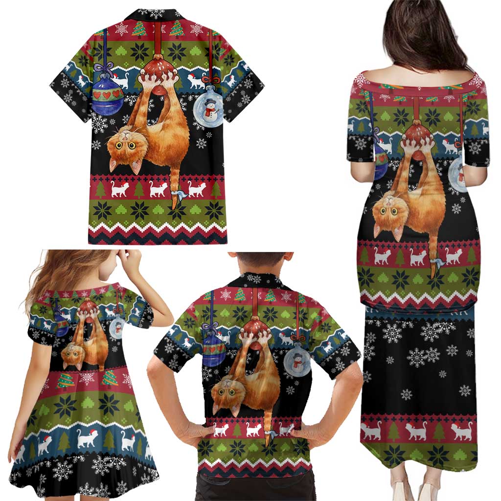 Cat Hanging on Xmas Tree Christmas Family Matching Puletasi and Hawaiian Shirt Xmas Holiday Patterns - Wonder Print Shop