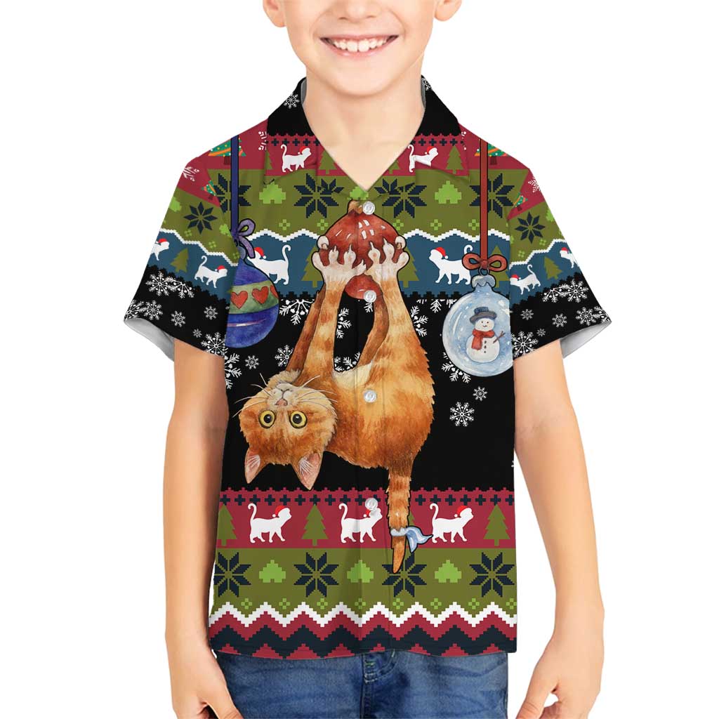 Cat Hanging on Xmas Tree Christmas Family Matching Puletasi and Hawaiian Shirt Xmas Holiday Patterns - Wonder Print Shop