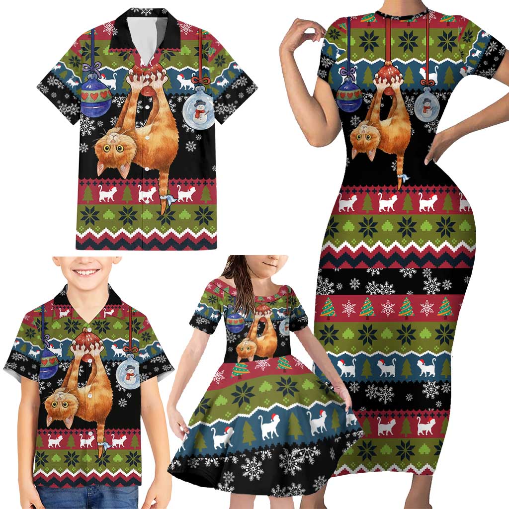 Cat Hanging on Xmas Tree Christmas Family Matching Short Sleeve Bodycon Dress and Hawaiian Shirt Xmas Holiday Patterns - Wonder Print Shop