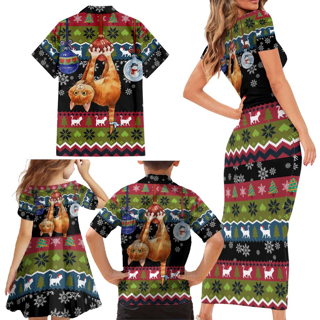Cat Hanging on Xmas Tree Christmas Family Matching Short Sleeve Bodycon Dress and Hawaiian Shirt Xmas Holiday Patterns - Wonder Print Shop