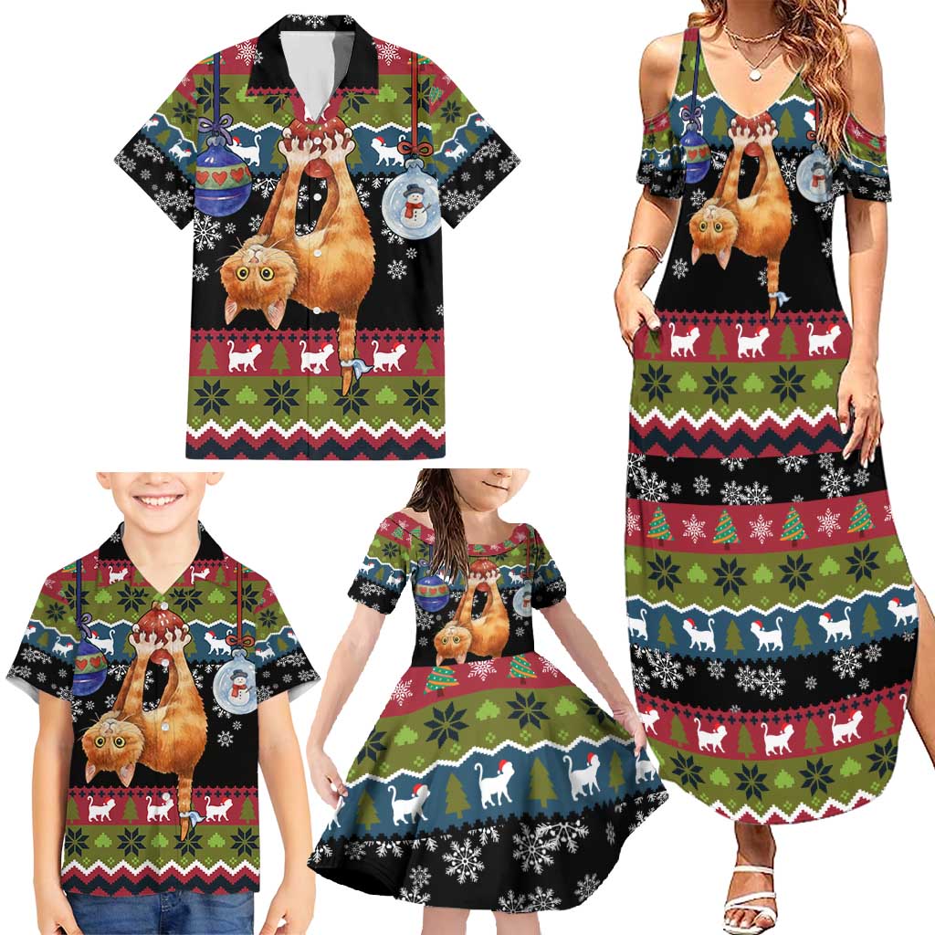 Cat Hanging on Xmas Tree Christmas Family Matching Summer Maxi Dress and Hawaiian Shirt Xmas Holiday Patterns - Wonder Print Shop