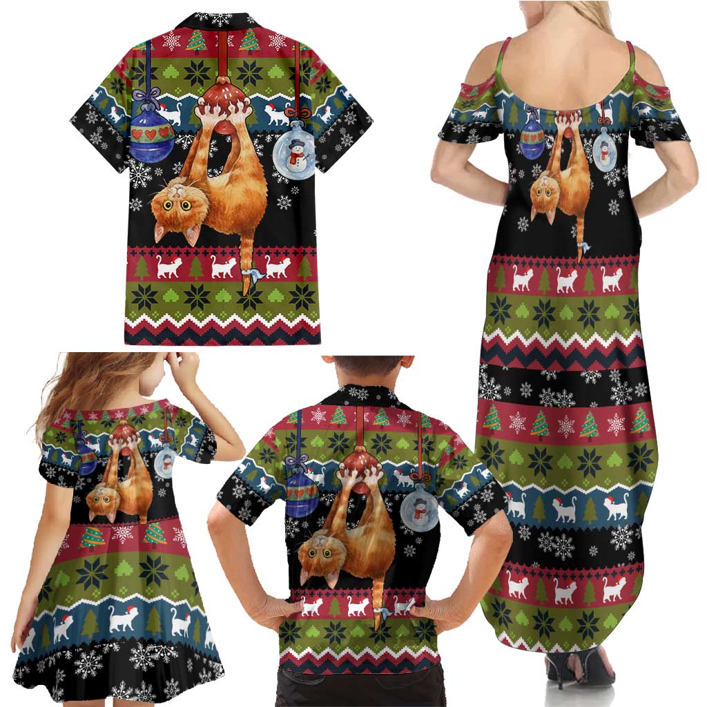 Cat Hanging on Xmas Tree Christmas Family Matching Summer Maxi Dress and Hawaiian Shirt Xmas Holiday Patterns - Wonder Print Shop