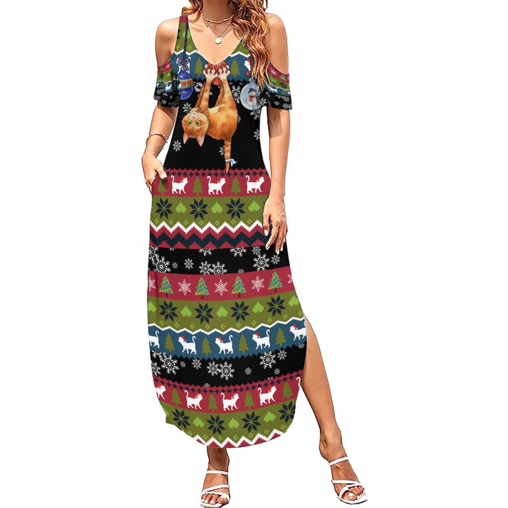 Cat Hanging on Xmas Tree Christmas Family Matching Summer Maxi Dress and Hawaiian Shirt Xmas Holiday Patterns - Wonder Print Shop