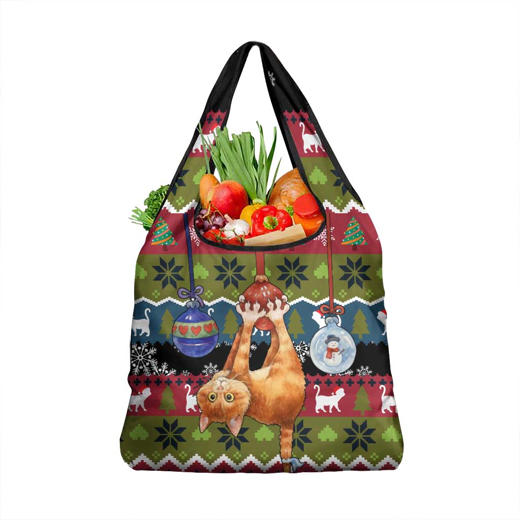 Cat Hanging on Xmas Tree Christmas Grocery Bag Xmas Holiday Patterns - Wonder Print Shop