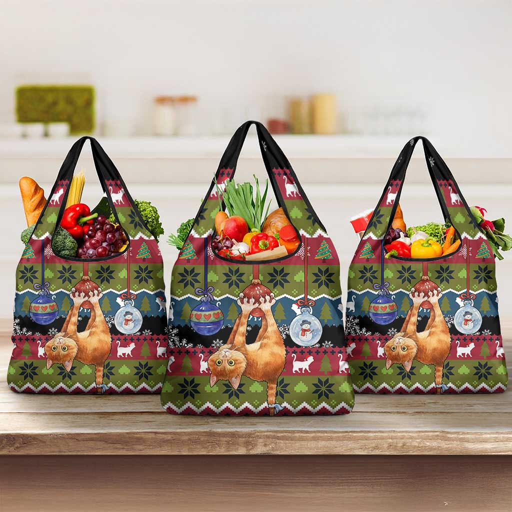 Cat Hanging on Xmas Tree Christmas Grocery Bag Xmas Holiday Patterns - Wonder Print Shop