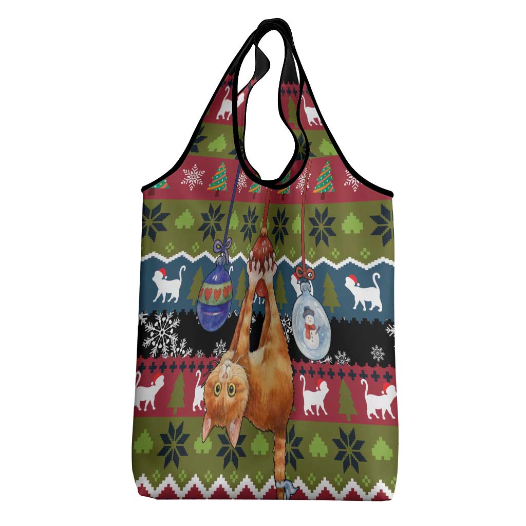 Cat Hanging on Xmas Tree Christmas Grocery Bag Xmas Holiday Patterns - Wonder Print Shop