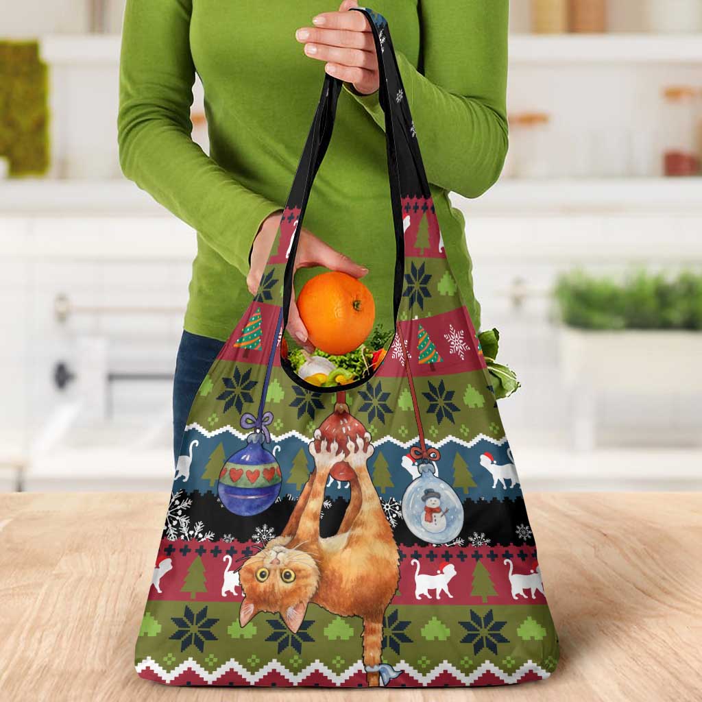 Cat Hanging on Xmas Tree Christmas Grocery Bag Xmas Holiday Patterns - Wonder Print Shop