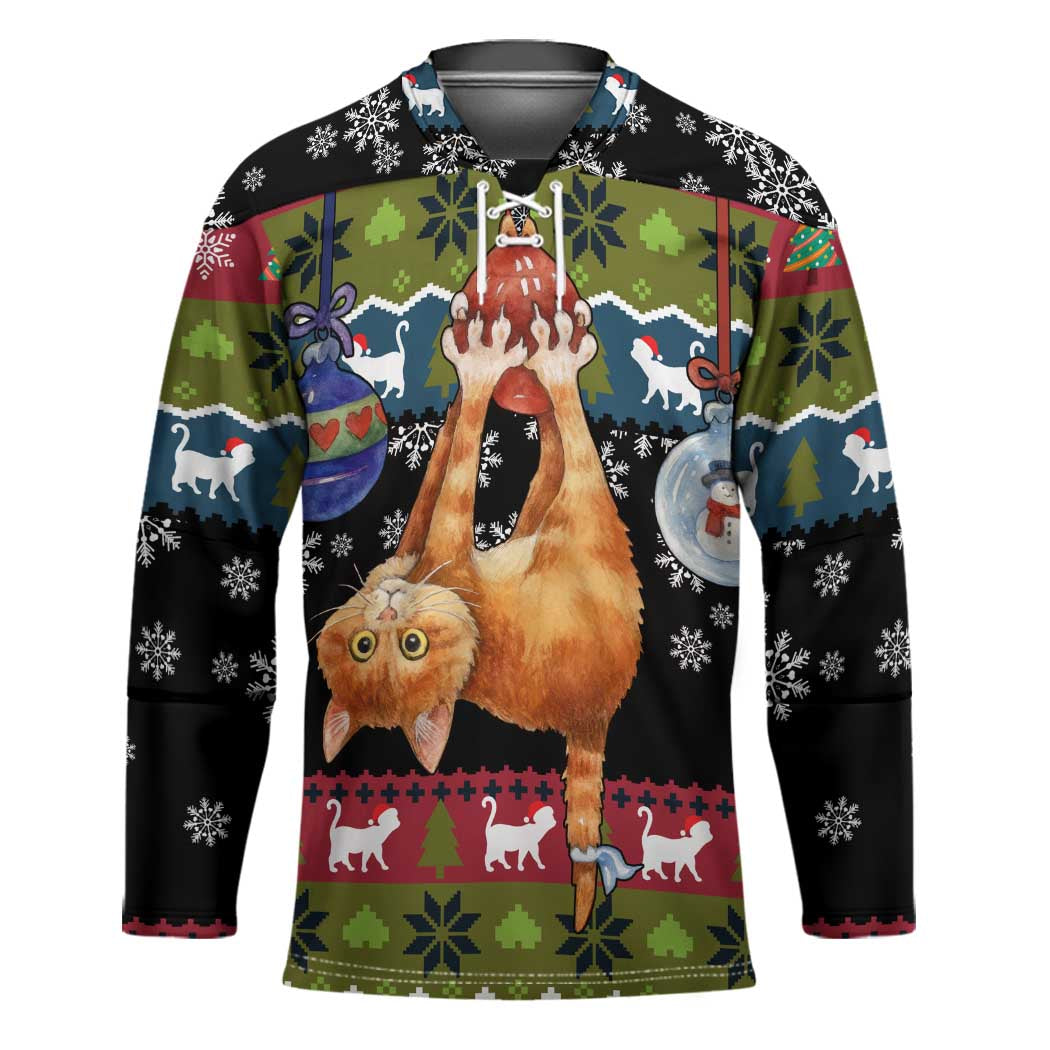 Cat Hanging on Xmas Tree Christmas Hockey Jersey Xmas Holiday Patterns - Wonder Print Shop