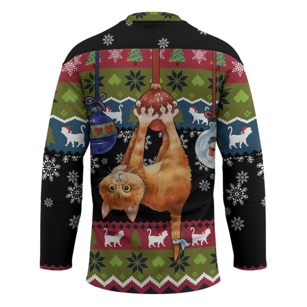 Cat Hanging on Xmas Tree Christmas Hockey Jersey Xmas Holiday Patterns - Wonder Print Shop