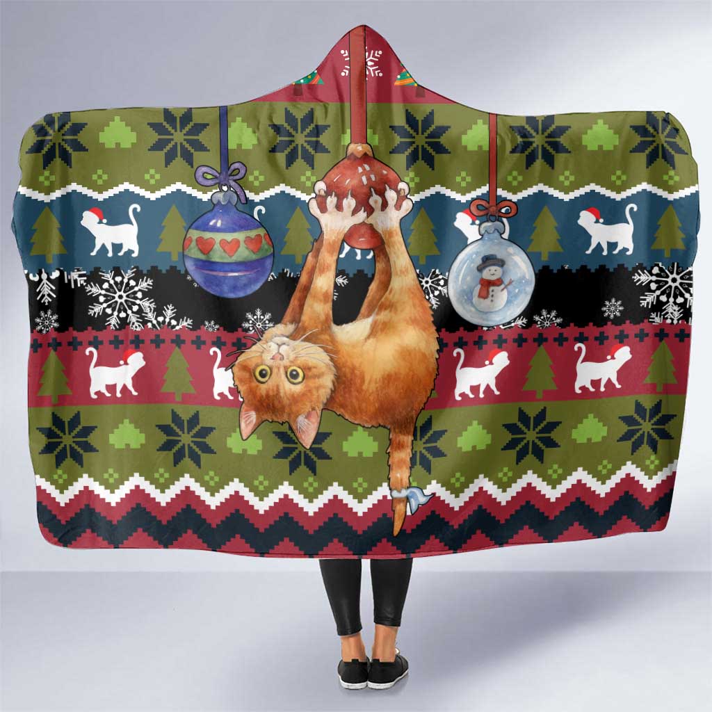 Cat Hanging on Xmas Tree Christmas Hooded Blanket Xmas Holiday Patterns - Wonder Print Shop