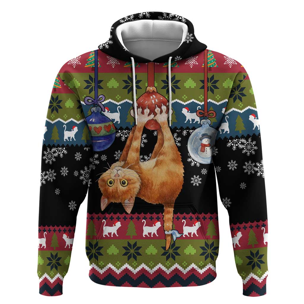 Cat Hanging on Xmas Tree Christmas Hoodie Xmas Holiday Patterns - Wonder Print Shop