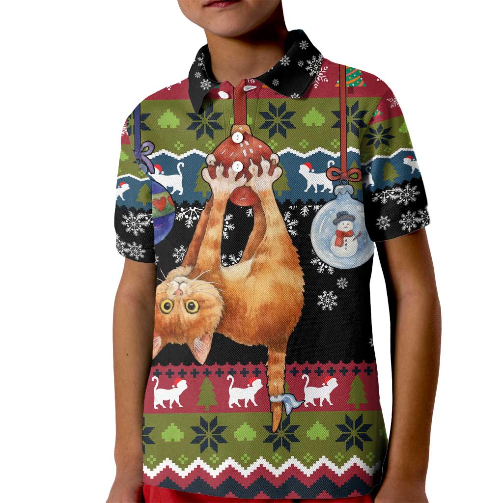 Cat Hanging on Xmas Tree Christmas Kid Polo Shirt Xmas Holiday Patterns - Wonder Print Shop