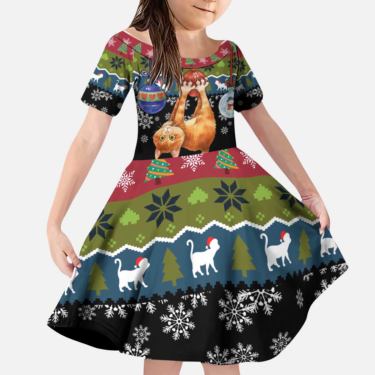 Cat Hanging on Xmas Tree Christmas Kid Short Sleeve Dress Xmas Holiday Patterns - Wonder Print Shop