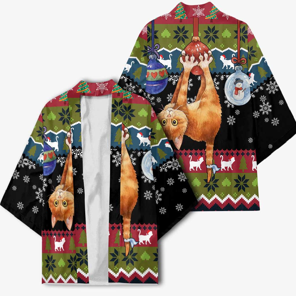 Cat Hanging on Xmas Tree Christmas Kimono Xmas Holiday Patterns - Wonder Print Shop