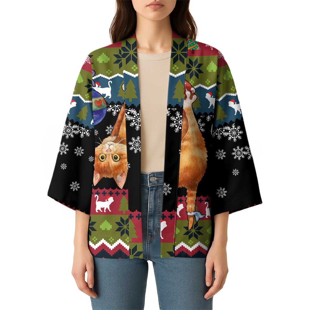Cat Hanging on Xmas Tree Christmas Kimono Xmas Holiday Patterns - Wonder Print Shop