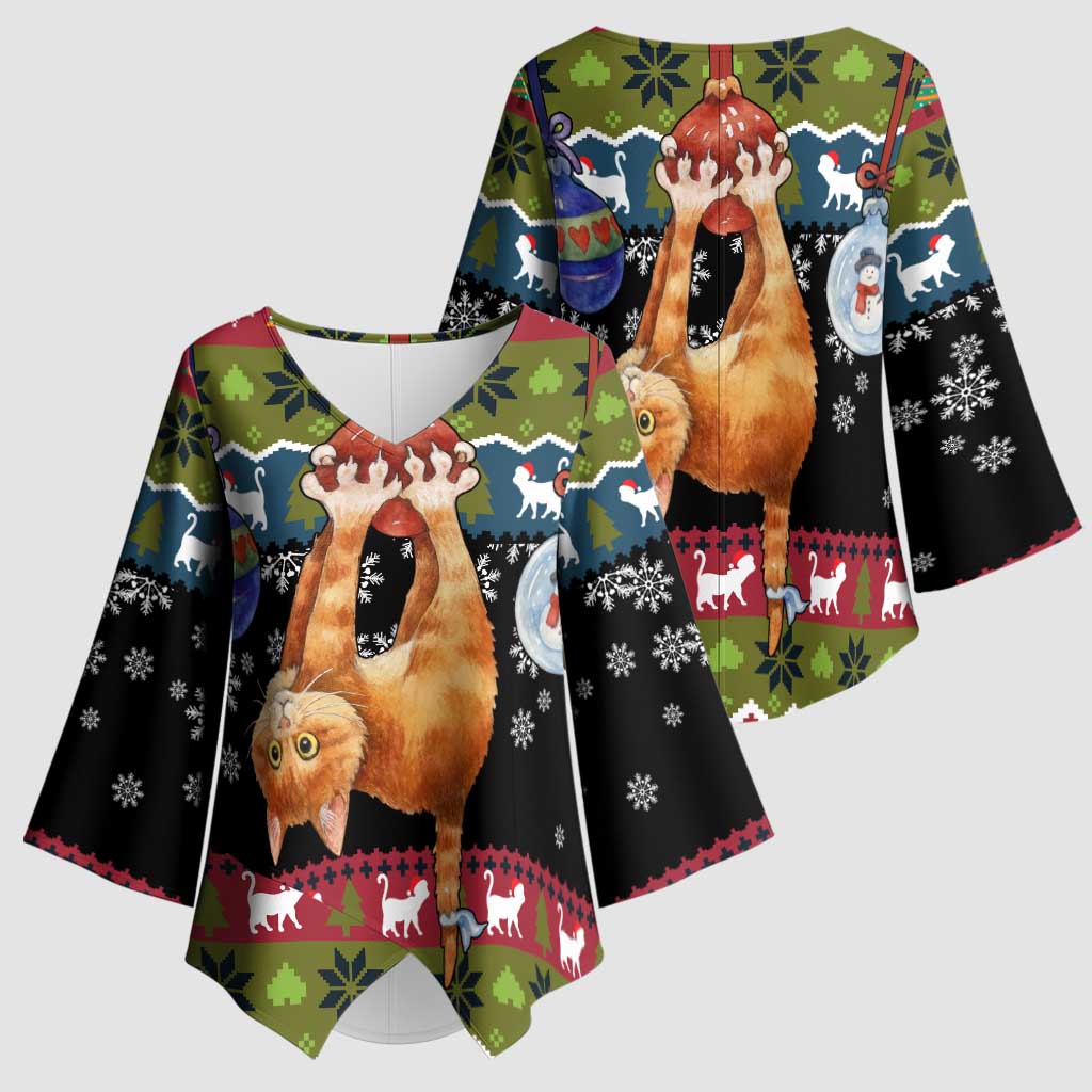 Cat Hanging on Xmas Tree Christmas Kimono Sleeve Blouse Xmas Holiday Patterns - Wonder Print Shop