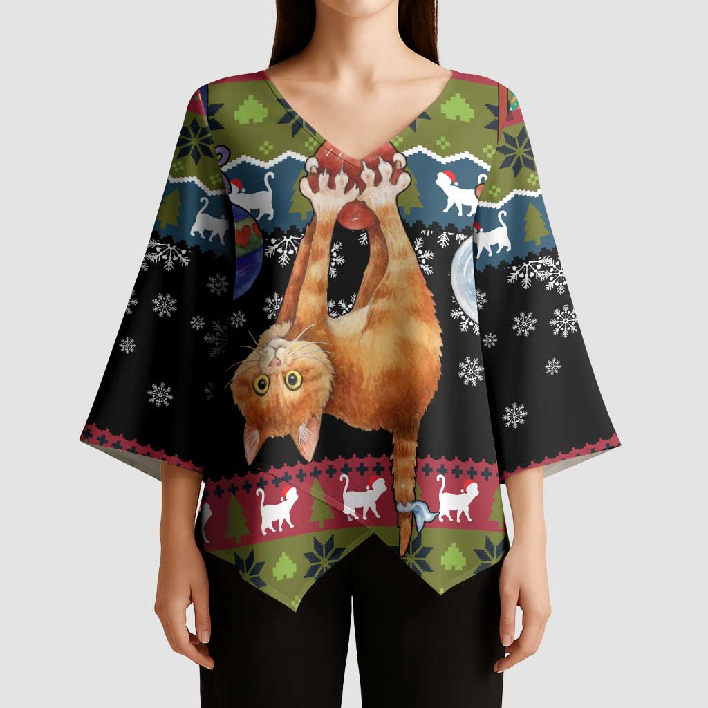 Cat Hanging on Xmas Tree Christmas Kimono Sleeve Blouse Xmas Holiday Patterns - Wonder Print Shop