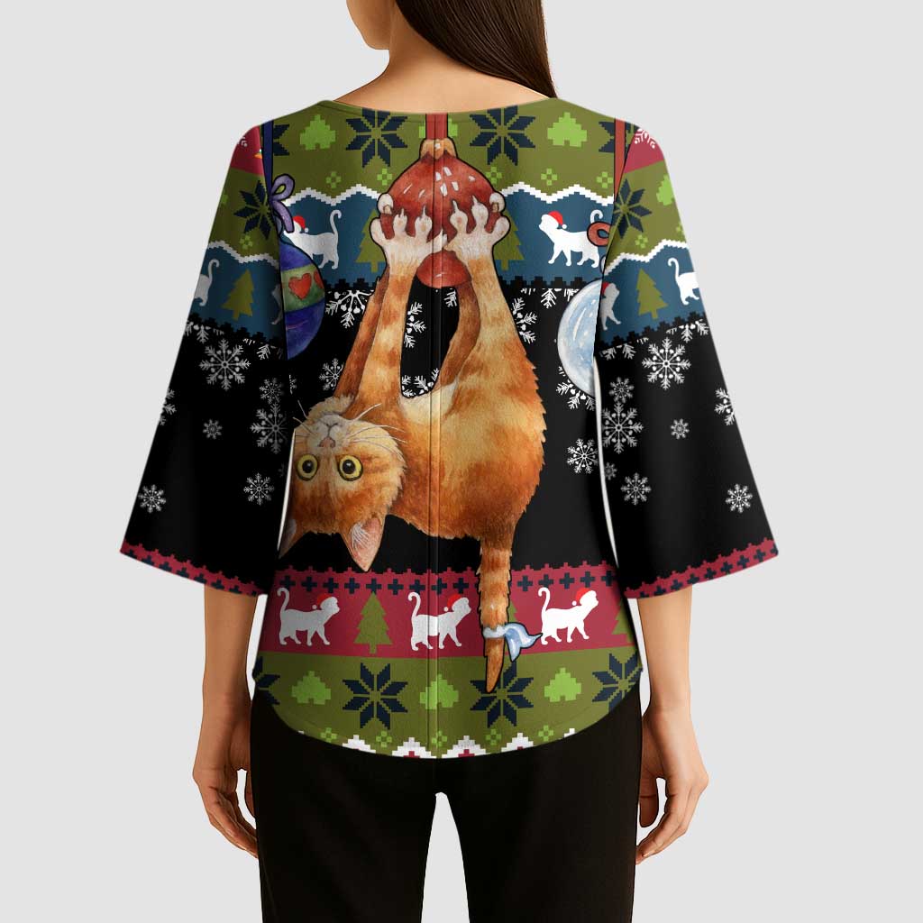 Cat Hanging on Xmas Tree Christmas Kimono Sleeve Blouse Xmas Holiday Patterns - Wonder Print Shop