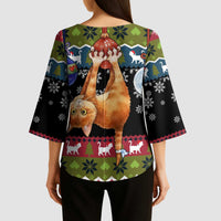 Cat Hanging on Xmas Tree Christmas Kimono Sleeve Blouse Xmas Holiday Patterns - Wonder Print Shop